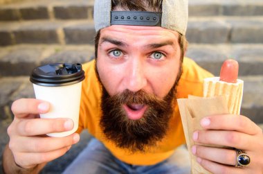 Sakallı adam hızlı öğle yemeği merdiven arka plan tadını çıkarın. Hipster sosisli sandviç ye. Hipster sosisli sandviç içki kağıt bardak tadını çıkarın. Fast food yemek yemek için. Sokak gıda diyet için önemli bir katkı yapmak