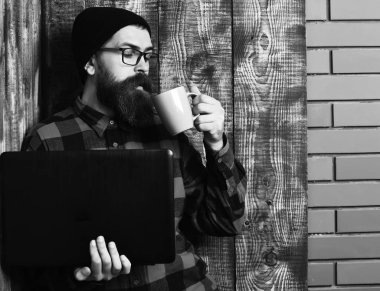 Sakallı, beyaz tenli hippi elinde bardakla dizüstü bilgisayar tutuyor.