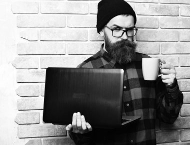 Sakallı, beyaz tenli hippi elinde bardakla dizüstü bilgisayar tutuyor.