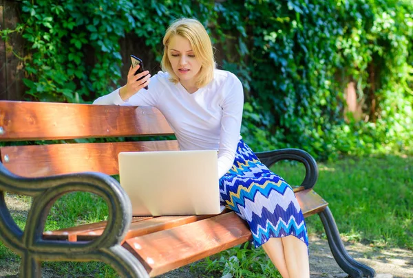 Best sales managers always possess these skills. Call sales techniques. Successful call. Sales manager works in park. Freelancer sales manager calling client. Woman with laptop works outdoors