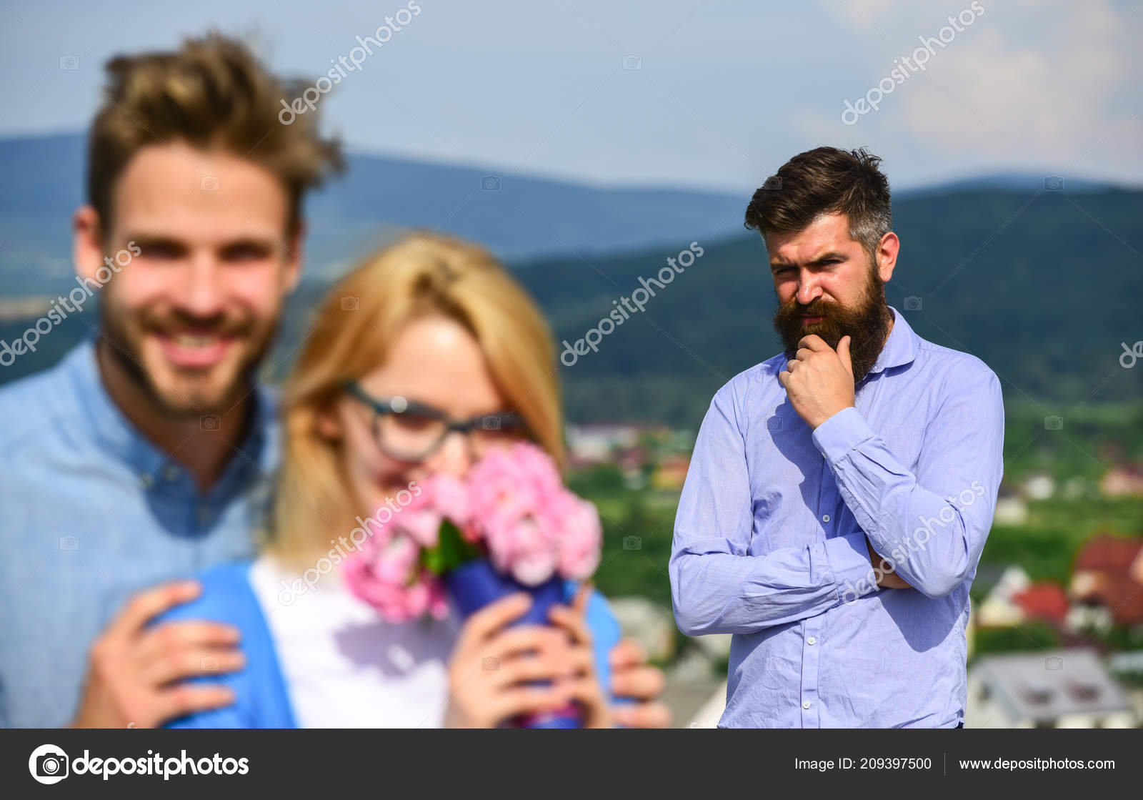 Lovers hugs outdoor flirt romance relations. Infidelity concept picture