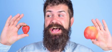 Sakallı adam gülen elma ve çilek eller mavi arka planda tutar. Vitamini meyve beslenme kavramı. Vitamini diyet sağlık. Meyve ve meyve eller sağlıklı alternatif. Meyve ya da berrie