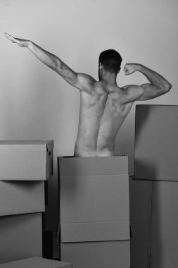 Sırtı güçlü, seksi adam süper kahraman gibi uçuyor.