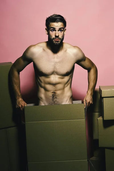 Sexualidad y concepto de construcción. Chico con torso desnudo muscular — Foto de Stock