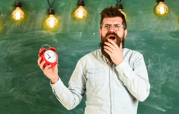 Vergaß das Zeitkonzept. Der bärtige Hipster hält Uhr, Kreidetafel im Hintergrund, Kopierraum. Lehrer mit Brille hält Wecker. Mann mit Bart und Schnurrbart unter Schock im Klassenzimmer — Stockfoto