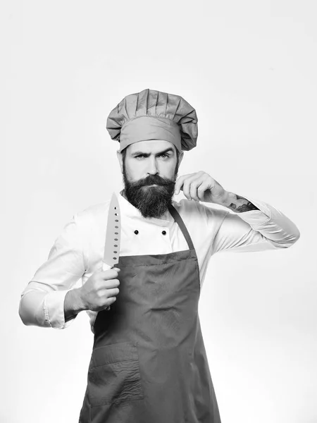 Cocinero cocinero sobre fondo blanco tocando bigote —  Fotos de Stock