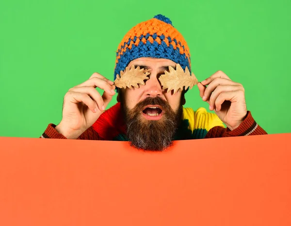 Гіпстер з бородою і плутане обличчя закриває очі листям — стокове фото
