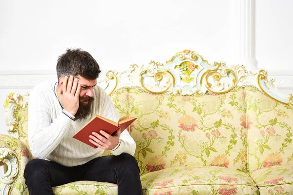 Scandalous bestseller concept. Guy reading book with attention. Man with beard and mustache sits on baroque style sofa, holds book, white wall background. Macho on concentrated face reading book