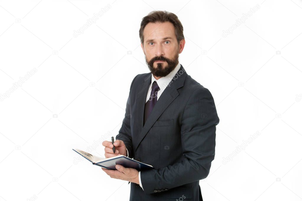 Businessman planning schedule hold notepad. Time management and organizing skill. Man bearded manager concentrated face listening you and noticing. Successful businessman planning. Well organized