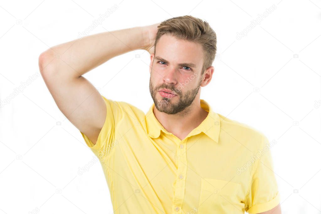 Life without dandruff. Healthy hair. Guy attractive enjoy hairstyle. Man bearded strict face enjoy freshness white background. Man beard unshaven handsome and well groomed touching clean fresh hair