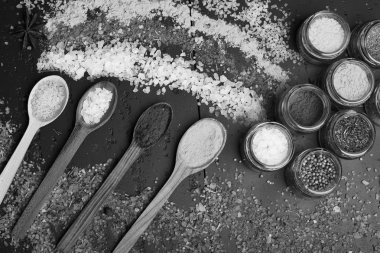 Yemek sanatı konsepti. Koyu gri arka planda baharatlar dizisi