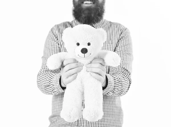 Hipster gives teddy bear as romantic gift or present — Stock Photo, Image