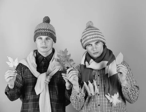 Irmãos gêmeos usando chapéus quentes e cachecóis — Fotografia de Stock