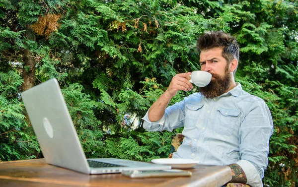 Chico bebe café relajante terraza ramas fondo. Hombre barbudo hipster hacer una pausa para tomar café y relajarse mientras se sienta con el ordenador portátil. Aroma capuchino. Momento agradable. Tómese un momento para disfrutar de la vida —  Fotos de Stock