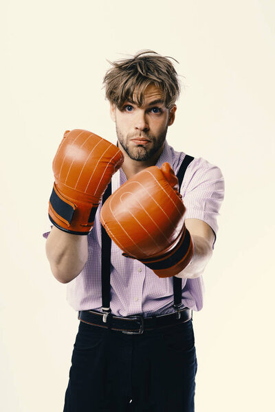 Nerd with leather box equipment isolated on white background.