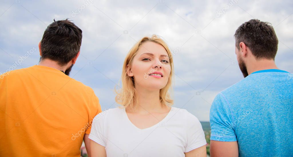 Girl stand in front two faceless men. Best traits of great boyfriend. She needs to pick better boyfriend. Girl thinking whom she going ask dating. Everything you need to know about choosing right guy