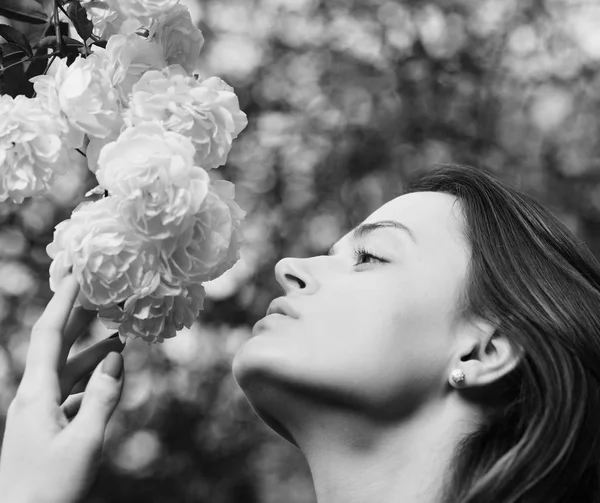 Natureza e conceito de flor. Mulher com rosto romântico — Fotografia de Stock