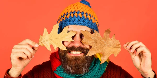 Oktober und November Zeit. Hipster mit Bart und glücklichem Gesicht — Stockfoto