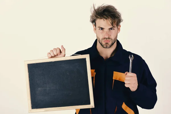 Concepto Presentación Servicio Construcción Hombre Con Barba Cara Seria Sostiene — Foto de Stock