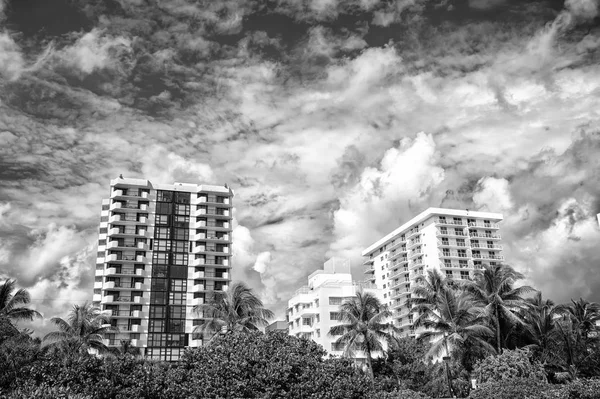 Casas en el cielo nublado en Miami, EE.UU. Edificios de apartamentos u hoteles en jardín con palmeras verdes. Arquitectura y bienes raíces en resort tropical. Vacaciones de verano o ansia de viajar. viaje y viaje —  Fotos de Stock