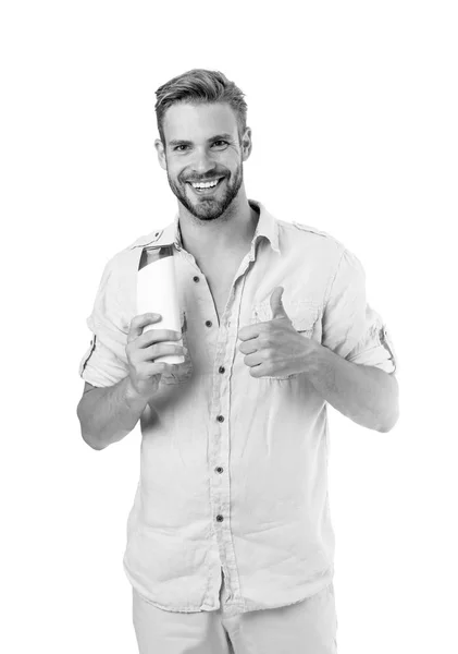 Mutlu bir adam kavramı reklam başparmak jel şişe kadar vermek. mutlu bir adam dvertising duş ya da banyo ürünleri. En iyi herhangi bir zamanda, siyah ve beyaz şampuan — Stok fotoğraf