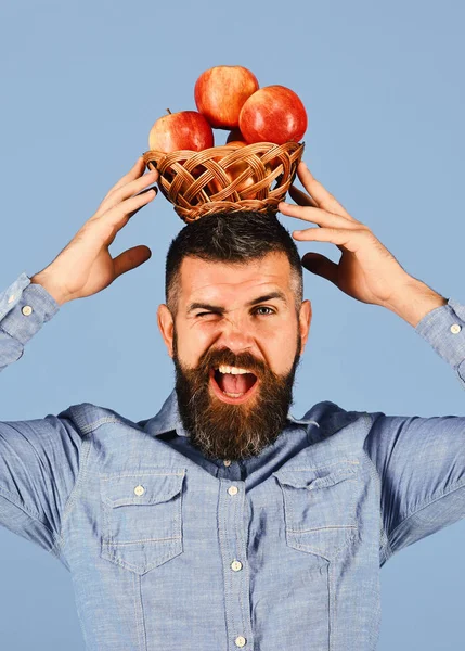 Mann mit Bart hält Weidenschale mit Obst — Stockfoto