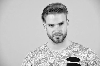 Saç Bakımı berber dükkanı veya Güzellik Salonu. Maço tıraşsız yüzündeki sakallı. Sarı saçları ve saç kesimi olan sakallı adam. Sağlıklı genç cilt yakışıklı adam. Mens cilt bakımı ve damat, kopyalama alanı