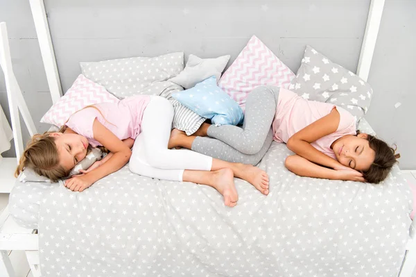 Imagination while sleep. little girls kids have rich imagination and dreaming white sleep at night. little girs or small kids. always happy together — Stock Photo, Image