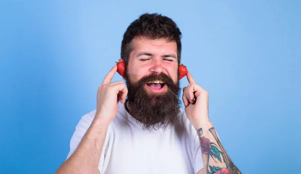 Zomerhit concept. Man bebaarde hipster rode rijpe aardbeien oren als hoofdtelefoons. Zomer afspeellijst muziek. Guy geniet van sappige geluid zomerhit song muziek. Hipster baard luisteren aardbei muziek oordopjes — Stockfoto