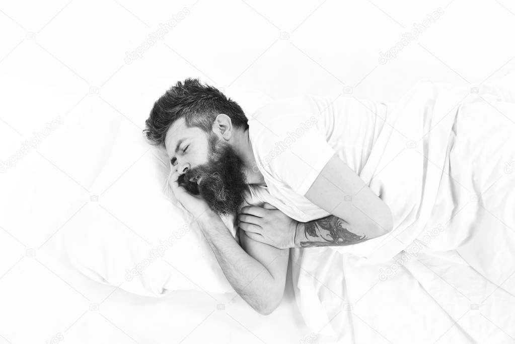Hipster with beard fall asleep. Man with sleepy face