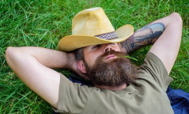 Adam kovboy lay rahatlatıcı veya nap sahip çimenlerin üzerinde sakallı. Kovboy yeşil çayır rahatlatıcı. Vahşi kovboy ağzına yeşil spikelet ile. Sakin ol bekle. Hipster turistik dinlenme veya nap çayır bulmak