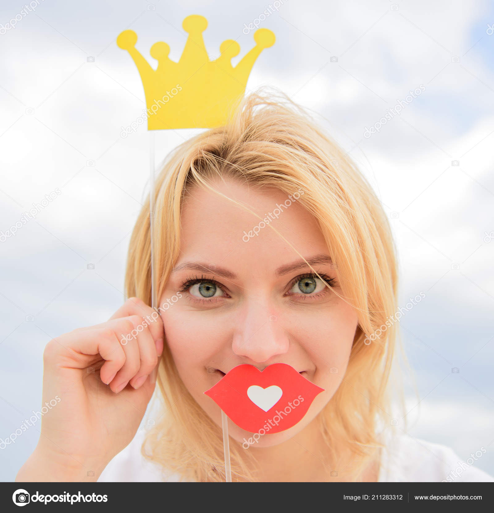 Woman Blonde Hair Hold Cardboard Tiara Or Crown And Red Lips