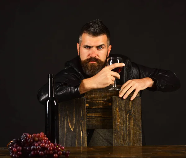 Sommelier lutar på trästol. Vinprovning och degustation koncept. — Stockfoto