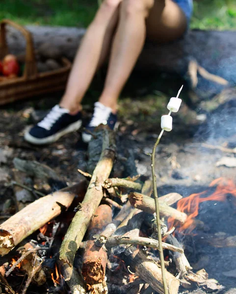 Como assar marshmallows. Marshmallows em pau com fogueira e fumaça no fundo. A segurar um marshmallow no pau. Marshmallows saborosos e tostados são um sabor tão quintessencial de piquenique — Fotografia de Stock