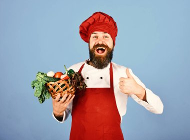 Mavi arka plan üzerinde sakallı adam. Şef tutar marul, domates
