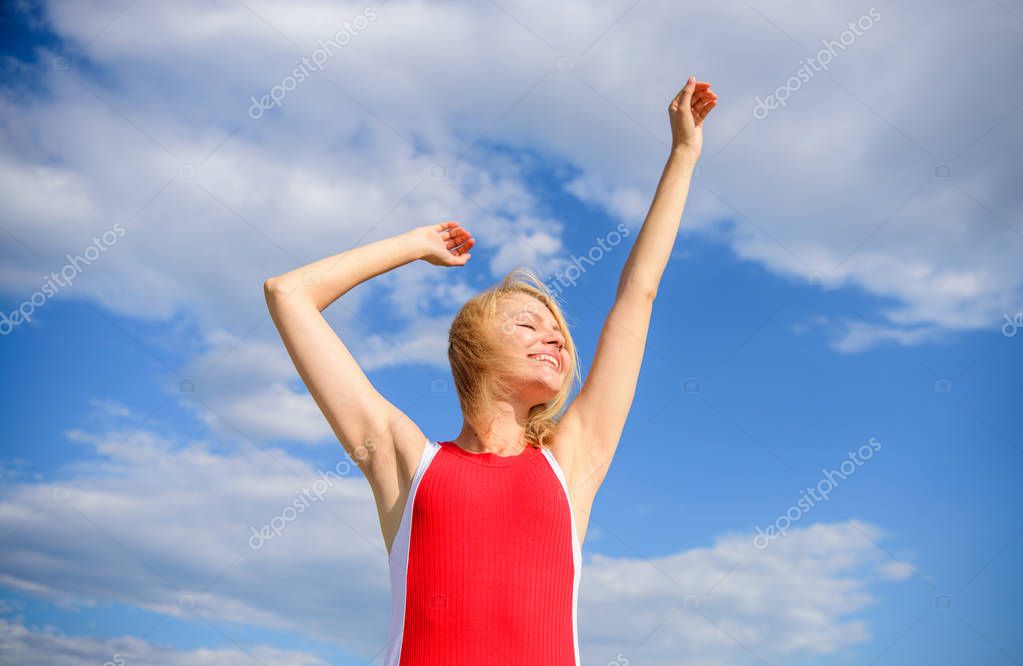 Enjoy Life Without Sweat Smell Woman Blonde Relaxing Outdoors Confident Perspirant Take Care Skin Armpit Girl Pleased With Warm Sunlight Looks Relaxed Blue Sky Background Dry Armpit Summer Goal Larastock