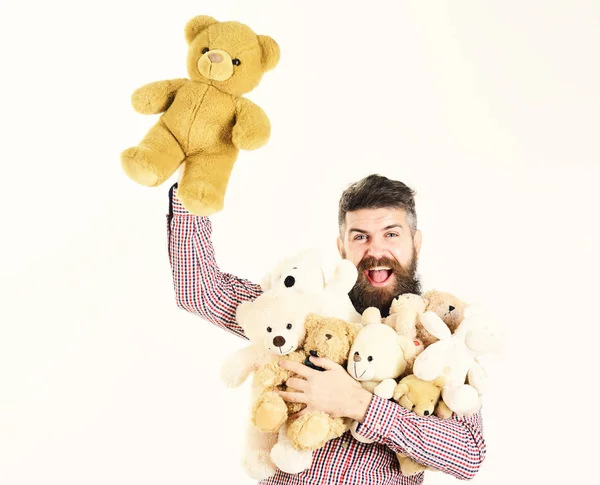 人与愉快的面孔拥抱泰迪熊或软的玩具。有胡子的男子气概举行毛绒玩具或泰迪熊 — 图库照片