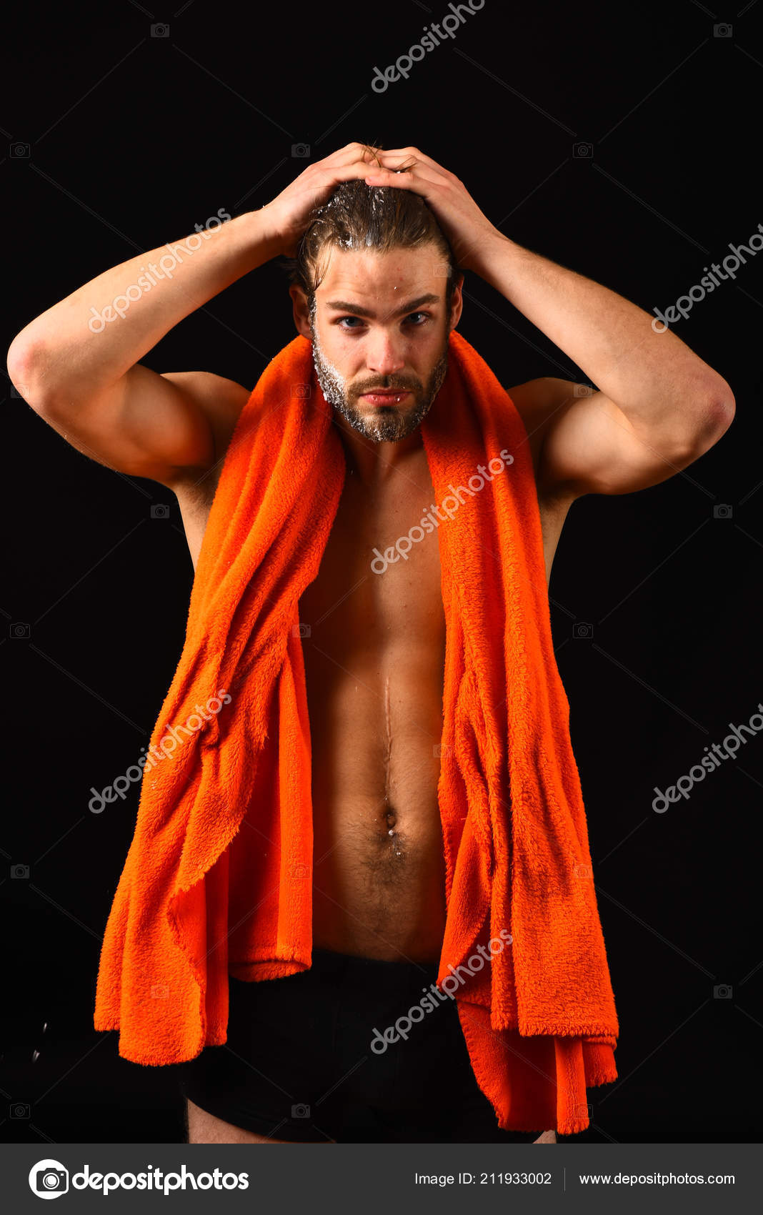 Macho Attractive Nude Guy Black Background Man With Orange Towel