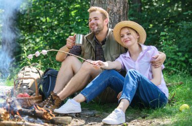 Marshmallow şenlik ateşi, kavurma. Piknik zammı. Çift atıştırmalık ve içecek yemek. Çift aşk kamp ormandaki kavurma Marshmallow. Kaç arkadaş Kavrulmuş Lokum Aperatif doğa arka plan hazırlamak.