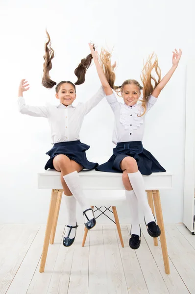 School break concept. Schoolgirls cute pony tails hairstyle sit on desk. Best friends free having fun play with hair. Perfect schoolgirls with tidy fancy hair. School hairstyles ponytails in mid air