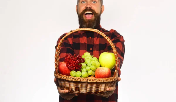얼굴에 즐거움을 주는 사과, 포도, 크랜 베리를 선물로 주는 농부. — 스톡 사진