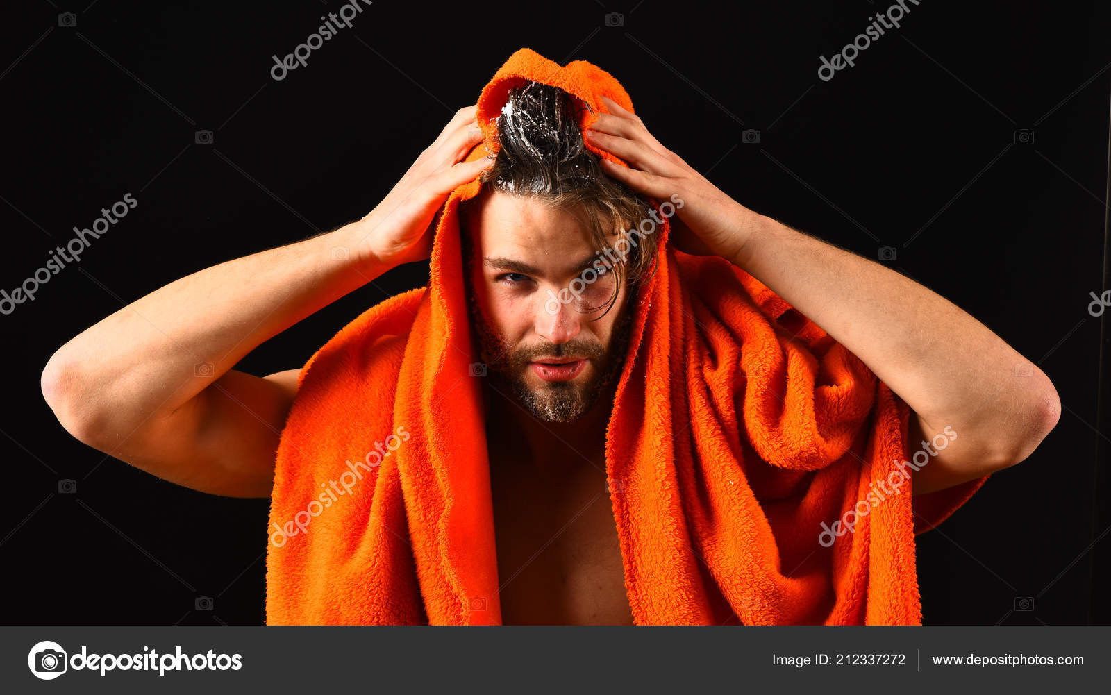 Macho Attractive Nude Guy Black Background Man Bearded Tousled