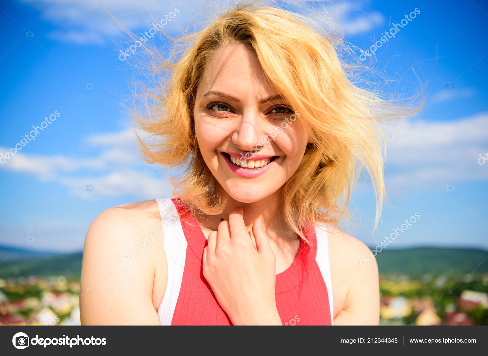 Girl Pleased With Warm Sunlight Looks Relaxed Blue Sky Background
