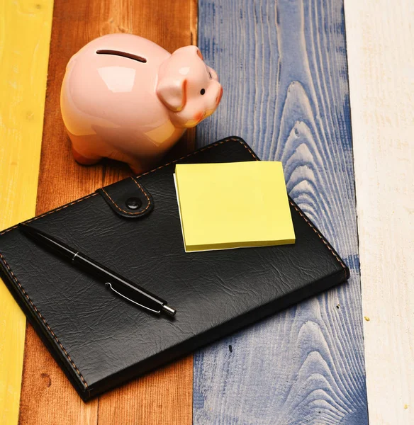 Moneybox with pig face near organizer and pen.