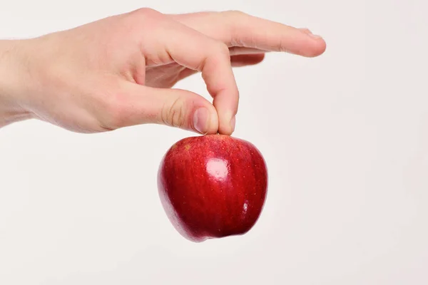 Męskie ręce trzyma Czerwone jabłko. Apple na jasnoszarym tle — Zdjęcie stockowe