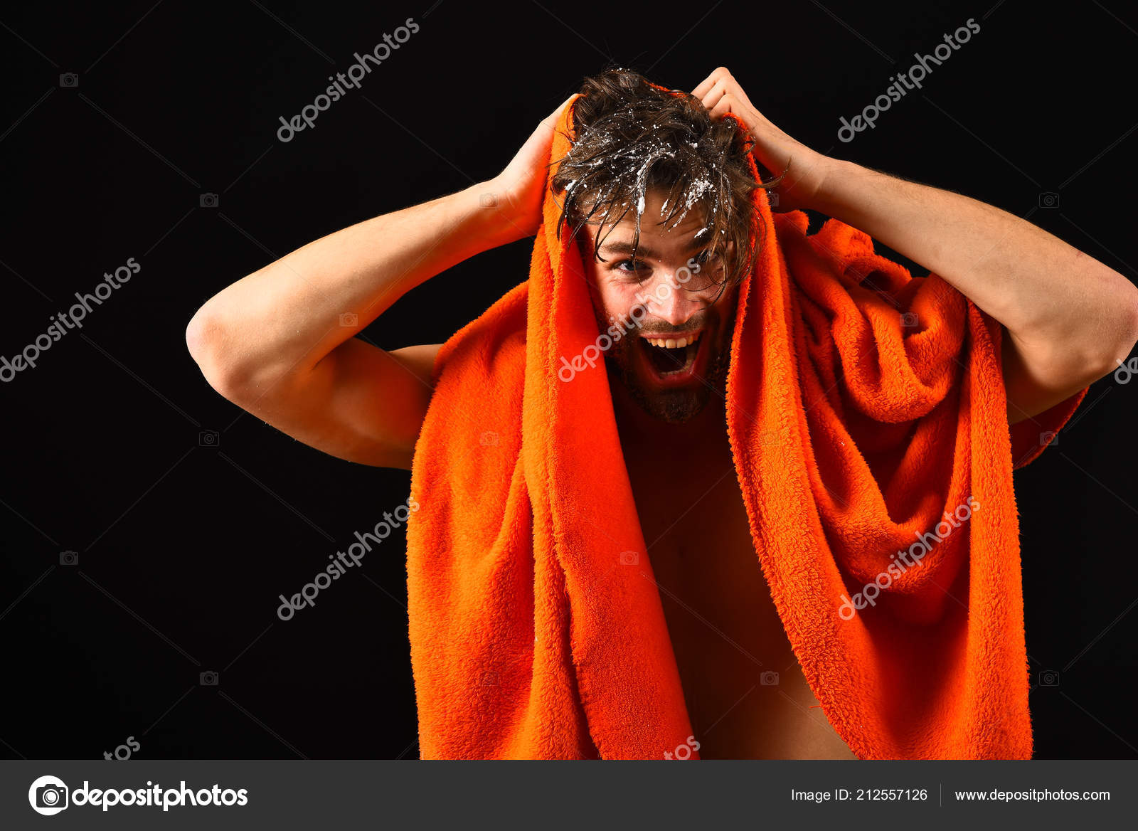 Wash Off Foam With Water Carefully Man With Orange Towel Wipe