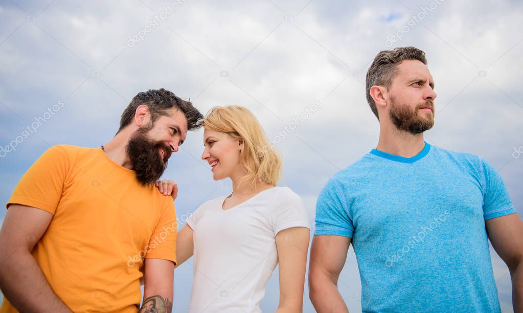 She made her choice. Girl decided with whom dating. Start romantic relationships. Girl stand between two men. Couple and rejected partner. Woman picked boyfriend. Love as competition concept