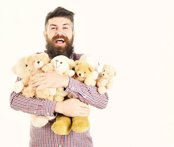 Macho com barba abraça muitos ursos de pelúcia e brinquedos de pelúcia. Presentes e feriados conceito. Homem com cara feliz segura pilha — Fotografia de Stock