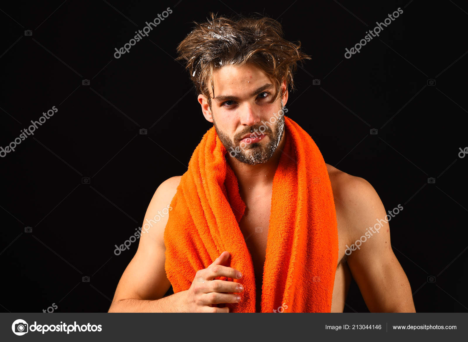Man Bearded Tousled Hair Covered With Foam Or Soap Suds Wash Off