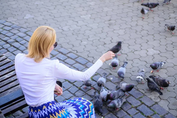Mädchen blonde Frau entspannen Stadtplatz und Tauben füttern. Touristinnen oder Bürger werfen Krümel für Tauben. Mädchen füttert Taubenvögel städtischen Hintergrund. Taubengruppe wartet auf Stadtplatz auf Leckereien — Stockfoto